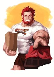 1boy absurdres bara beard chocolate cowboy_shot facial_hair fate/grand_order fate_(series) highres iskandar_(fate) large_pectorals looking_at_viewer male_focus muscular one_eye_closed pectorals print_shirt red_hair shirt shorts simple_background smile solo t-shirt teeth traver009 upper_body valentine