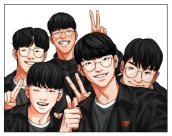 Rule 34 | 5boys, asian, black eyes, black hair, black jacket, black shirt, character request, check copyright, copyright request, glasses, grin, jacket, looking at viewer, male focus, mole, mole under eye, multiple boys, mush820823, one eye closed, open clothes, open jacket, real life, round eyewear, shirt, short hair, t1 (esports), smile, teeth, v, white background