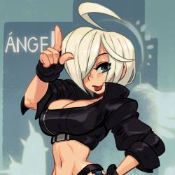 Rule 34 | alex ahad, angel (kof), green eyes, hand on own hip, jacket, navel, snk, solo, the king of fighters, white hair