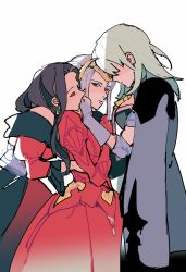 Rule 34 | 3girls, byleth (female) (fire emblem), byleth (fire emblem), closed eyes, dorothea arnault, dress, earrings, edelgard von hresvelg, fire emblem, fire emblem: three houses, hand on another&#039;s face, hug, hug from behind, j.r. doyle, jewelry, kissing hand, long hair, looking at another, multiple girls, nintendo, red dress, simple background, standing, strapless, strapless dress, tiara, yuri