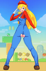 Rule 34 | 1girl, ass, ass cutout, bad tag, blush, censored, clothing cutout, cosplay, crotchless, from behind, full body, gloves, heart cutout, highres, mario, mario (cosplay), mario (series), nintendo, no panties, one eye closed, overalls, pink doragon, princess peach, pussy, smile, solo, standing, super mario bros. 1, super mario bros. 3, super mario world, thigh gap, view between legs, wardrobe malfunction, wink, yoshi