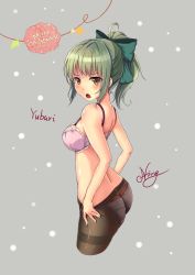 Rule 34 | 10s, 1girl, adjusting clothes, adjusting legwear, ass, bad id, bad pixiv id, black pantyhose, bow, bra, breasts, brown eyes, butt crack, character name, dawn02, frilled bra, frills, from side, green hair, grey hair, hair bow, hair ribbon, highres, kantai collection, looking at viewer, merry christmas, open mouth, panties, panties under pantyhose, pantyhose, pink bra, ponytail, ribbon, short ponytail, solo, standing, thighband pantyhose, underwear, underwear only, yuubari (kancolle)