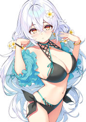 Rule 34 | 1girl, ahoge, bare shoulders, bead bracelet, beads, bikini, black bikini, bracelet, breasts, cleavage, cowboy shot, cu-no, flower, green shirt, hair flower, hair ornament, halterneck, hands up, highres, hisen kaede, jewelry, large breasts, layered bikini, long hair, looking at viewer, multi-strapped bikini top, nail polish, navel, off shoulder, open clothes, open shirt, parted lips, rapua qive, shirt, short sleeves, side-tie bikini bottom, simple background, skindentation, solo, standing, stomach, string bikini, swimsuit, thighs, very long hair, white background, white hair, yellow eyes