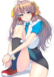 Rule 34 | 1girl, blue eyes, breasts, breasts on lap, brown hair, closed mouth, covered erect nipples, curvy, detached sleeves, highres, kouno (masao), large breasts, leg up, long hair, looking at viewer, necktie, original, panties, serious, shirt, shoes, simple background, sitting, socks, solo, thighs, underwear, white background