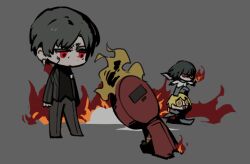 Rule 34 | 1boy, 1other, 2girls, arson, black hair, black shirt, chibi, closed mouth, dante (limbus company), don quixote (project moon), earrings, fire, grey background, grey hair, grey jacket, grey pants, jacket, jewelry, kneeling, limbus company, multiple girls, official art, open mouth, pants, project moon, red eyes, running, ryoshu (project moon), seiza, shirt, short hair, simple background, sitting, smile, standing on another&#039;s head, vergilius (project moon)