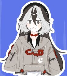 Rule 34 | 1girl, beret, black hat, black shirt, blue background, blush stickers, brown jacket, collared shirt, commentary request, coralie (honkai impact), grey eyes, grey hair, hair between eyes, hair intakes, hat, honkai (series), honkai impact 3rd, jacket, long hair, multicolored hair, open mouth, outline, shirt, sho 2nini, solo, two-tone hair, upper body, very long hair, white outline