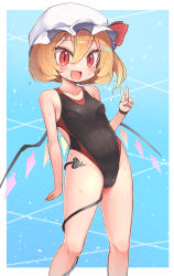 Rule 34 | 1girl, black one-piece swimsuit, blonde hair, commentary request, competition swimsuit, crystal, demon tail, fang, feet out of frame, flandre scarlet, harunoha, hat, highleg, highleg swimsuit, highres, laevatein (tail), mob cap, one-piece swimsuit, one side up, red eyes, short hair, skin fang, solo, striped clothes, striped one-piece swimsuit, swimsuit, tail, touhou, two-tone swimsuit, v, white hat, wings
