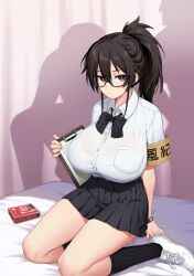 Rule 34 | 1girl, armband, black bow, black bowtie, black hair, black skirt, black socks, bow, bowtie, bra, bra visible through clothes, breasts, bright pupils, brown eyes, clipboard, collared shirt, condom box, cover, cover page, curtains, expressionless, glasses, highres, holding, holding clipboard, huge breasts, kazama ritsuko, kneeling, large breasts, long hair, looking at viewer, loose bowtie, on bed, original, pleated skirt, ponytail, school uniform, semi-rimless eyewear, shirt, shirt tucked in, skirt, socks, solo, try (lsc), underwear, watch, white bra, white footwear, white pupils, white shirt, wristwatch, yellow armband