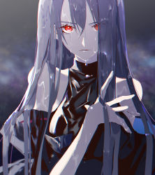 Rule 34 | 1girl, arknights, black shirt, breasts, closed mouth, commentary, detached sleeves, expressionless, eyelashes, hair between eyes, hand in own hair, hand on own chest, long hair, looking at viewer, medium breasts, red eyes, satsuya, shirt, silver hair, skadi (arknights), skadi (elite ii) (arknights), solo, straight hair, turtleneck, upper body, wet, wet hair