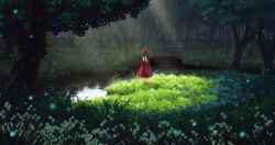 Rule 34 | 1girl, absurdres, dress, flower, forest, frilled dress, frilled ribbon, frills, full body, green hair, hair ribbon, highres, jiege, kagiyama hina, nature, puffy short sleeves, puffy sleeves, red dress, red ribbon, ribbon, river, scenery, short hair, short sleeves, solo, standing, touhou, tree, water, white flower