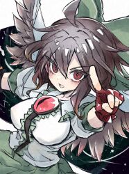 Rule 34 | 1girl, bird wings, bow, brown hair, center frills, collared shirt, commentary request, deal360acv, fingerless gloves, frilled shirt collar, frills, gloves, green skirt, hair bow, highres, long hair, looking at viewer, open mouth, pointing, pointing at viewer, red eyes, red gloves, reiuji utsuho, shirt, short sleeves, skirt, solo, touhou, upper body, white shirt, wings