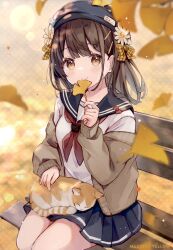 Rule 34 | 1girl, absurdres, animal, animal on lap, black hat, black sailor collar, black skirt, blush, bow, brown cardigan, brown eyes, brown hair, cardigan, cat, closed mouth, comitia 146, feet out of frame, flower, ginkgo leaf, hair ornament, hairclip, hat, highres, holding, holding leaf, leaf, long sleeves, neckerchief, non-web source, on bench, on lap, open cardigan, open clothes, original, plaid, plaid bow, pleated skirt, puffy long sleeves, puffy sleeves, red neckerchief, sailor collar, scan, school uniform, sencha (senta 10), serafuku, shirt, skirt, sleeves past wrists, smile, solo, white flower, white shirt, yellow bow