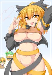 Rule 34 | 3girls, adapted costume, arm behind head, arm up, bad id, bad pixiv id, blonde hair, bow, breasts, bucket, cleavage, closed eyes, clothes lift, commentary request, detached sleeves, green eyes, green hair, hair bobbles, hair bow, hair ornament, heart, heart of string, highres, in bucket, in container, jitome, kisume, kokujuuji, kurodani yamame, large breasts, looking at viewer, mizuhashi parsee, multiple girls, naked ribbon, navel, open mouth, ribbon, shirt lift, smile, sweatdrop, thread, tongue, tongue out, touhou, twintails, underboob, yellow eyes