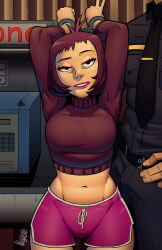 Rule 34 | 1girl, absurdres, against wall, antenna hair, arms up, arrest, blue eyeliner, bob cut, breasts, brown hair, brown sweater, commentary, cropped sweater, cuffs, dolphin shorts, double middle finger, english commentary, eyeliner, eyeshadow, gorillaz, handcuffs, head out of frame, height difference, highres, lipstick, makeup, medium breasts, middle finger, midriff, naavs, navel, noodle (gorillaz), phone booth, pink eyeshadow, police, police uniform, policeman, purple lips, purple shorts, short hair, shorts, solo focus, sweater, teeth, toned, turtleneck, turtleneck sweater, uniform, v