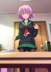 Rule 34 | 1girl, black pantyhose, black sweater, blurry, can, cardigan, commentary request, depth of field, dilated pupils, door, energy drink, from below, green skirt, kantai collection, mofu namako, monster energy, pantyhose, pink hair, pleated skirt, red eyes, school uniform, serafuku, short hair, skirt, solo, standing, sweater, table, tama (kancolle)