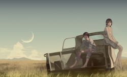 Rule 34 | 1boy, 1girl, bad feet, bad id, bad pixiv id, black hair, bottle, braid, cloud, commentary, couple, crescent moon, feet, gas can, grass, hetero, jerry can, moon, motor vehicle, original, pickup truck, plain, shiira, short twintails, sitting, tire, truck, twintails, vehicle