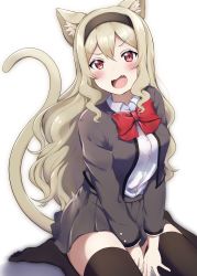 Rule 34 | 10s, 1girl, animal ears, arms between legs, bad id, bad pixiv id, black thighhighs, blonde hair, blush, cat ears, cat tail, artistic error, fang, hairband, highres, kneeling, long hair, looking at viewer, mia (fai1510), open mouth, pleated skirt, red eyes, red neckwear, saijou claudine, school uniform, shoujo kageki revue starlight, simple background, sitting, skirt, tail, thighhighs, wariza, white background, wrong foot
