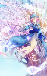 Rule 34 | 1girl, blue sky, bug, butterfly, cherry blossoms, day, flying, hat, highres, hitodama, bug, japanese clothes, kimono, looking at viewer, mob cap, obi, open hand, outstretched arm, pink eyes, pink hair, saigyouji yuyuko, sandals, sash, short hair, sky, smile, solo, tabi, tamariame, touhou, transparent limb, tree, triangular headpiece