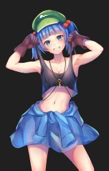 Rule 34 | 1girl, arm up, armpits, blue eyes, blue hair, blue jacket, blush, breasts, brown gloves, cleavage, clothes around waist, crop top, gloves, grin, hair bobbles, hair ornament, hat, highres, jacket, jacket around waist, kawashiro nitori, lifting own clothes, looking at viewer, medium hair, midriff, navel, puck100ml, see-through, small breasts, smile, solo, strap lift, tank top, touhou