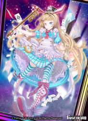 Rule 34 | 1girl, alice (alice in wonderland), animal ears, apron, blonde hair, blue eyes, boots, bow, card, clock, copyright name, feathers, force of will, hat, heterochromia, key, long hair, official art, rabbit ears, red eyes, solo, sparkle, striped clothes, striped thighhighs, thighhighs, tongue, tongue out, wednesday (starsilver)