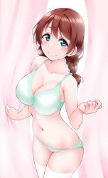 Rule 34 | 1girl, aqua bra, aqua eyes, aqua panties, bare arms, blush, bra, braid, breasts, cleavage, collarbone, curtains, emma verde, highres, large breasts, long hair, looking at viewer, love live!, love live! nijigasaki high school idol club, love live! school idol festival all stars, nail polish, navel, over-kneehighs, panties, red hair, simple background, sleeveless, smile, solo, standing, thighhighs, twin braids, twintails, underwear, underwear only, white background, white thighhighs, yopparai oni