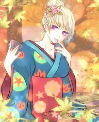 Rule 34 | 1girl, blonde hair, blue kimono, breasts, cleavage, collarbone, cup, facial scar, flower, gintama, hair bun, hair flower, hair ornament, highres, holding, holding cup, japanese clothes, kimono, leaf, leaf print, long sleeves, looking at viewer, maple leaf, medium breasts, paleatus, pink flower, print kimono, purple eyes, scar, scar on cheek, scar on face, short hair, single hair bun, solo, standing, tsukuyo (gintama), upper body, wide sleeves