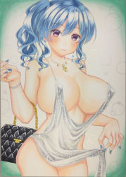 Rule 34 | 1girl, absurdres, azur lane, bag, blue hair, blue nails, blush, breasts, dress, glitter, hair ornament, handbag, highres, jewelry, kumaccyo, large breasts, looking at viewer, marker (medium), medium hair, nail polish, navel, necklace, nipples, official alternate costume, purple eyes, revealing clothes, simple background, smile, st. louis (azur lane), st. louis (luxurious wheels) (azur lane), thighs, traditional media