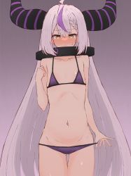 Rule 34 | 1girl, ahoge, bare shoulders, bikini, bikini pull, blush, braid, clothes pull, collar, collarbone, demon girl, ear blush, flat chest, grey background, hair between eyes, hand up, highres, hololive, holox, horns, la+ darknesss, long hair, looking down, multicolored hair, navel, nayutora 1110, nose blush, pulling own clothes, purple bikini, purple hair, shiny skin, silver hair, simple background, solo, standing, streaked hair, striped horns, sweatdrop, swimsuit, very long hair, virtual youtuber, yellow eyes