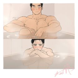 Rule 34 | 2boys, artist name, bara, bathtub, black hair, blush, closed mouth, completely nude, couple, facial scar, jewelry, kashikahaya, large pectorals, male focus, multiple boys, muscular, muscular male, nude, original, pectorals, ring, same-sex bathing, scar, scar on cheek, scar on face, shared bathing, short hair, steam, water, yaoi