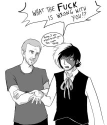 Rule 34 | 2boys, black jack, black jack (character), black jack (series), crossover, doctor, english text, gregory house, greyscale, house m.d., male focus, monochrome, multicolored hair, multiple boys, scar, shirt, simple background, t-shirt, text focus, two-tone hair, vest, white background