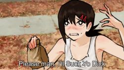 Rule 34 | 1girl, autumn leaves, bag, black hair, blush, chainsaw man, collarbone, commentary, dave the crackhead, don&#039;t be a menace to south central while drinking your juice in the hood, english commentary, english text, gurumo (twitter), hair ornament, hairclip, hands up, higashiyama kobeni, holding, holding bag, looking at viewer, medium hair, mole, mole under eye, mole under mouth, o o, outdoors, paper bag, parody, scene reference, short ponytail, sidewalk, solo, subtitled, tank top, upper body, walkway, white tank top