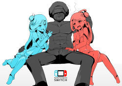 Rule 34 | 1-2-switch, 1boy, 2girls, :d, afro, bare shoulders, blush, breasts, cigar, cleavage, detached collar, detached sleeves, girl sandwich, hair ornament, hairclip, long hair, manly, multiple girls, naik, nintendo, nintendo switch, open mouth, original, personification, pimp, sandwiched, topless male, simple background, sitting, sketch, smile, visor, wrist cuffs, x hair ornament