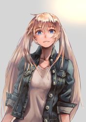 Rule 34 | 1girl, arms at sides, blonde hair, blue eyes, breasts, buttons, denim, denim jacket, grey background, highres, jacket, kuroi susumu, long hair, looking at viewer, medium breasts, original, parted lips, pocket, simple background, sleeves rolled up, solo, twintails, upper body, very long hair, wing collar