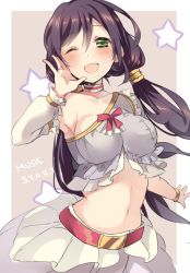 Rule 34 | 10s, 1girl, ;d, bare shoulders, blush, breasts, choker, detached sleeves, green eyes, long hair, looking at viewer, love live!, love live! school idol festival, love live! school idol project, midriff, miseo (mrkglove), navel, one eye closed, open mouth, purple hair, smile, solo, song name, star (symbol), stomach, tojo nozomi, twintails