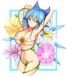Rule 34 | 1girl, aged up, alternate breast size, armpits, arms up, bikini, blue eyes, blue hair, blush, bottomless, bow, breasts, cirno, floral background, flower, hair bow, highres, large breasts, navel, plant, satou rin (gobugabuge), solo, sunflower, swimsuit, touhou, vines, white bikini
