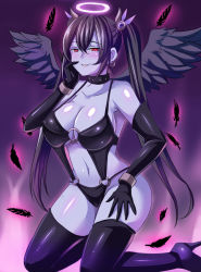 Rule 34 | 1girl, angel, bare shoulders, bikini, black bikini, black gloves, black hair, black thighhighs, black wings, blush, boots, bracelet, breasts, cleavage, collar, colored skin, covered erect nipples, earrings, elbow gloves, fallen angel, feathers, female focus, gloves, hair ornament, halo, hand on own cheek, hand on own face, high heels, jewelry, kneeling, large breasts, long hair, long twintails, looking at viewer, lots of jewelry, navel, nishida megane, o-ring, o-ring bottom, o-ring top, original, pale skin, parted lips, purple skin, red eyes, solo, swimsuit, thigh boots, thighhighs, twintails, very long hair, wings