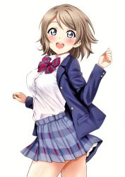 Rule 34 | 1girl, :d, absurdres, blazer, blue eyes, blush, bow, bowtie, bra, bra visible through clothes, breasts, brown hair, collared shirt, contrapposto, cowboy shot, from side, highres, jacket, long sleeves, looking at viewer, love live!, love live! sunshine!!, medium breasts, open clothes, open jacket, open mouth, otonokizaka school uniform, plaid, plaid skirt, pleated skirt, sankuro (agoitei), scan, school uniform, see-through, shirt, shirt tucked in, short hair, simple background, skirt, smile, solo, standing, swept bangs, thighs, underwear, watanabe you, white background, white shirt