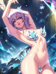 Rule 34 | 1girl, armpits, arms up, blue eyes, breasts, commentary request, cowboy shot, esther shen, groin, hair ornament, honkai: star rail, honkai (series), looking at viewer, march 7th (honkai: star rail), medium breasts, navel, nude, pink hair, purple eyes, short hair, solo, standing, stomach, thighs, two-tone eyes
