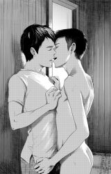 Rule 34 | 2boys, against wall, ass, clothed male nude male, clothed on nude, closed eyes, kiss, male focus, monochrome, multiple boys, nude, original, tsukumo gou, undressing, yaoi