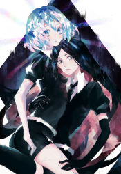 Rule 34 | 1399581, 2others, absurdres, androgynous, black eyes, black hair, black shirt, bort, collared shirt, colored eyelashes, cracked skin, crystal hair, diamond (houseki no kuni), elbow gloves, gem uniform (houseki no kuni), gloves, hand on another&#039;s thigh, hand on another&#039;s waist, highres, houseki no kuni, long hair, looking at viewer, multiple others, necktie, open mouth, other focus, puffy sleeves, shirt, short hair, short shorts, shorts, sitting, sitting on person, surprised, surprised, torso grab, very long hair, wide-eyed