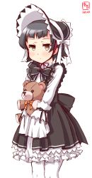 Rule 34 | 1girl, arare (kancolle), artist logo, black dress, black hair, bonnet, brown eyes, commentary request, cowboy shot, dated, dress, frilled dress, frills, gothic lolita, highres, kanon (kurogane knights), kantai collection, lolita fashion, long sleeves, pantyhose, short hair, simple background, solo, stuffed animal, stuffed toy, teddy bear, white background, white pantyhose