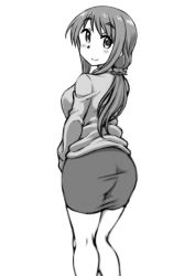 Rule 34 | 1girl, ass, ayumu-k, back, blush, breasts, closed mouth, commentary request, facing away, from behind, greyscale, hair ornament, hair scrunchie, highres, long hair, long sleeves, looking at viewer, looking back, matsumoto yoriko, monochrome, ponytail, scrunchie, simple background, skirt, smile, solo, standing, teacher, white background, yuyushiki