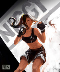 Rule 34 | 1girl, borrowed character, breasts, brown hair, cleavage, cowboy shot, dissolving clothes, fighting stance, lips, long hair, midriff, mixed martial arts, multicolored hair, navel, nose, orange eyes, original, paiple-r, ponytail, scrunchie, shorts, solo, sports bra, toned, two-tone hair, white hair