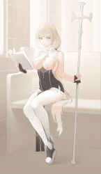 Rule 34 | 1girl, absurdres, armlet, black dress, black footwear, black gloves, blonde hair, book, breast curtains, breasts, church, commentary, covered navel, dress, expressionless, eyelashes, full body, gloves, habit, highres, holding, holding book, holding staff, indoors, large breasts, long hair, looking at viewer, nun, open book, original, parted lips, partially fingerless gloves, pelvic curtain, pew, ponytail, pwd, revealing clothes, scepter, shoes, sister virodar, sitting, solo, staff, strapless, strapless dress, thighhighs, thighs, veil, very long hair, white thighhighs, yellow eyes, zettai ryouiki