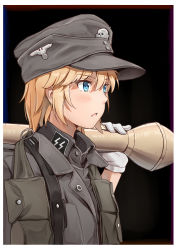 Rule 34 | 1girl, absurdres, black background, blonde hair, blue eyes, commentary, english commentary, gloves, hat, high-explosive anti-tank (warhead), highres, man-portable anti-tank systems, military, military hat, military uniform, nazi, original, panzerfaust, recoilless gun, reichsadler, short hair, solo, ss insignia, totenkopf, unicron (brous), uniform, waffen-ss, white gloves, world war ii