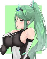 Rule 34 | 1girl, armor, bare shoulders, breasts, commentary, elbow gloves, female focus, gem, gloves, green background, green eyes, green hair, hair ornament, headpiece, j@ck, jewelry, large breasts, long hair, matching hair/eyes, nintendo, open mouth, pneuma (xenoblade), ponytail, sideboob, simple background, solo, spoilers, swept bangs, tiara, very long hair, white background, xenoblade chronicles (series), xenoblade chronicles 2