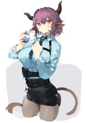 Rule 34 | 1girl, adjusting clothes, adjusting necktie, animal ears, arknights, belt, black belt, black skirt, blue necktie, blue shirt, breasts, collared shirt, cow ears, cow girl, cow horns, cow tail, cowboy shot, drink, drinking straw, highres, holding, holding drink, horns, large breasts, looking at viewer, milk, milk carton, miniskirt, necktie, pantyhose, pencil skirt, purple hair, sh (shinh), shirt, short hair, sideroca (arknights), simple background, skirt, solo, tail, yellow eyes