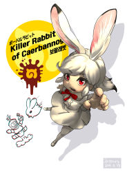 Rule 34 | 1girl, 1other, absurdres, animal ears, arm up, armor, black hair, blood, blood on face, character name, creature and personification, dated, english text, extra ears, eyelashes, full armor, full body, fur-trimmed sleeves, fur collar, fur trim, highres, holy hand grenade, japari symbol, kemono friends, killer rabbit of caerbannog, knight, long hair, long sleeves, looking at viewer, monty python, monty python and the holy grail, multicolored hair, open mouth, original, outstretched arm, pantyhose, personification, rabbit, rabbit ears, reaching, reaching towards viewer, red eyes, roonhee, sharp teeth, shirt, sidelocks, simple background, skirt, solo focus, swept bangs, teeth, two-tone hair, white background, white hair, white pantyhose, white shirt, white skirt