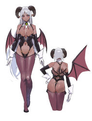 Rule 34 | 1girl, ass, bare shoulders, breasts, contrapposto, curled horns, dark skin, demon wings, elbow gloves, full body, gloves, hand on own hip, highres, horns, kinta (distortion), long hair, looking at viewer, medium breasts, navel, original, pointy ears, purple eyes, shoulder blades, solo, thighhighs, walking, wings