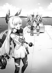 Rule 34 | abyssal ship, age difference, breasts, child, cleavage, dress, eating, entombed air defense guardian princess, fingerless gloves, floating headgear, food, gloves, greyscale, hair ribbon, headgear, highres, holding, holding food, hood, kantai collection, long hair, long sleeves, machinery, monochrome, murakumo (kancolle), ocean, pants, pantyhose, ribbon, rigging, sailor collar, sailor dress, same-megamaus, shirt, shorts, sidelocks, small breasts, torn clothes, torn pantyhose, tress ribbon, turret